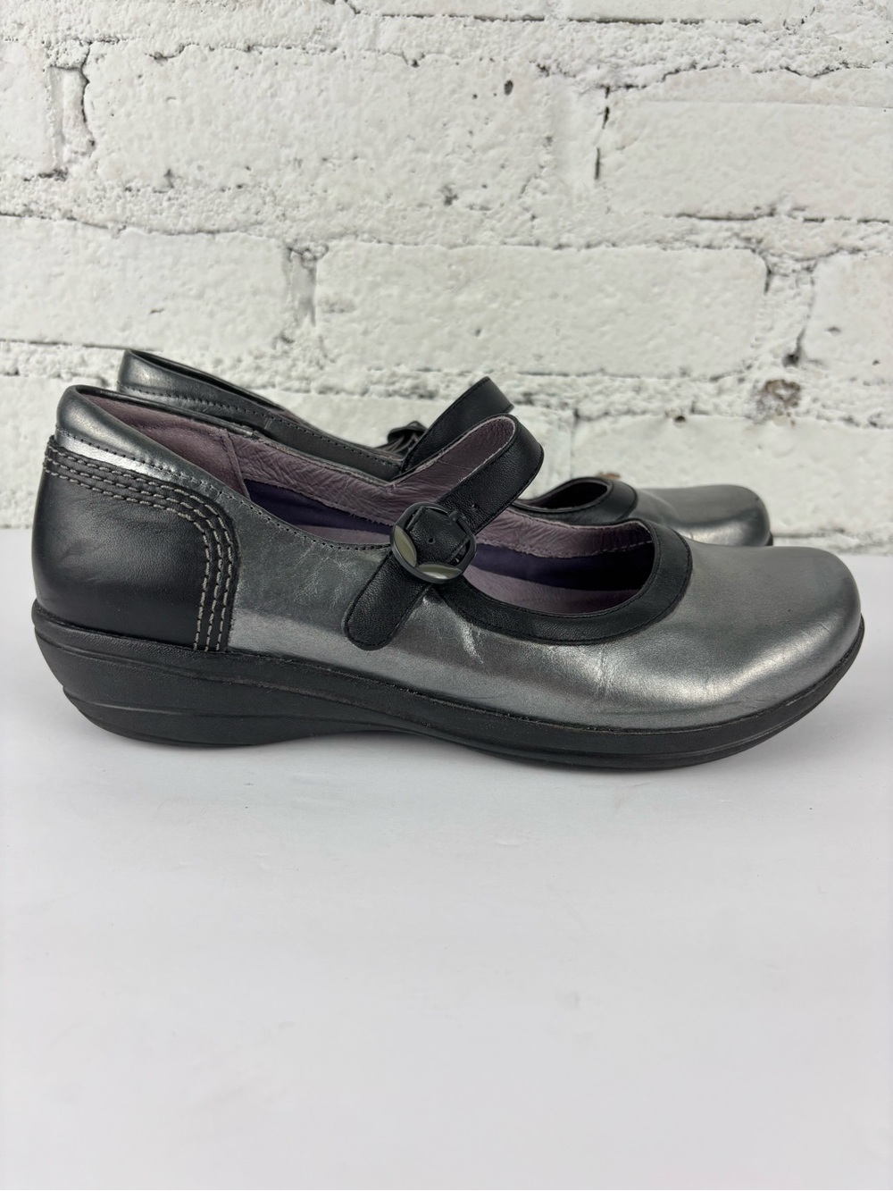 Dansko Metallic Gray and Black Mary Jane Flats